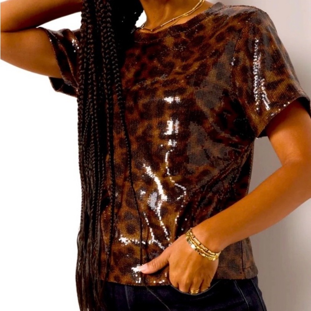 Sanctuary Sequin Leopard Print Top XL boutique animal print women’s extra large